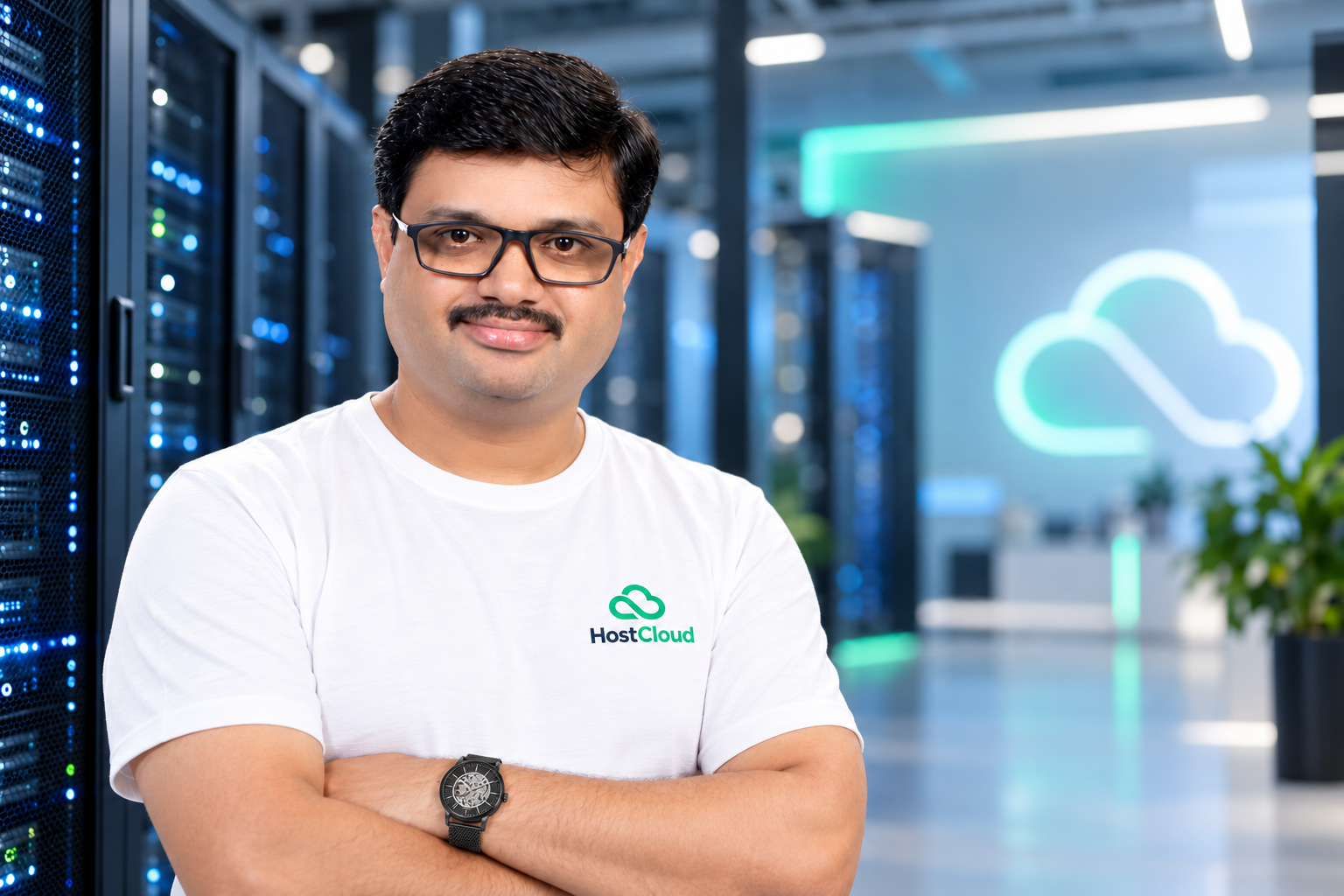 Vinod Kulkarni, Founder & CEO of HostCloud, standing in a data center